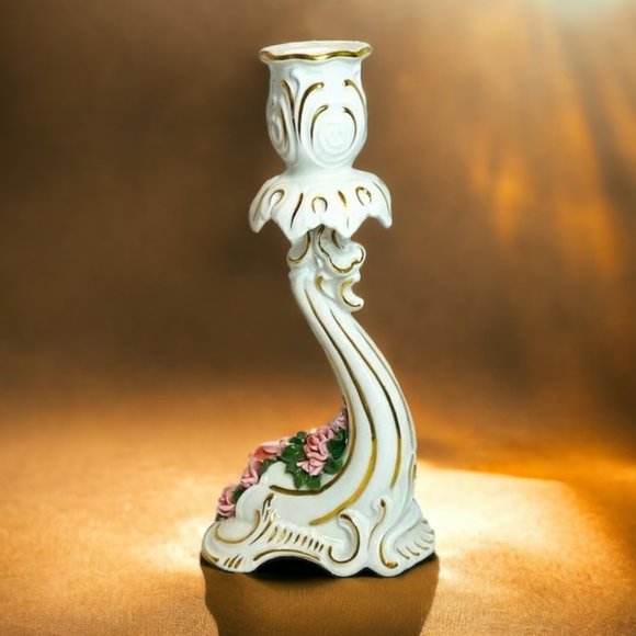 Vintage 1950s Single Porcelain Candle Holder Alba Kunst Dresden Roses - Picture 2 of 6
